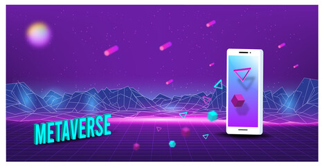 Concept of Future digital technology 3D metaverse, a virtual reality technology for users on smartphones and digital devices colorful background. Vector illustration eps10