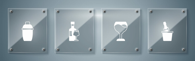 Fototapeta Set Champagne in an ice bucket, Wine glass, bottle with and Cocktail shaker. Square glass panels. Vector obraz