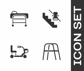 Set Walker, Stretcher, Electric wheelchair and Disabled elevator icon. Vector