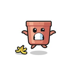 flowerpot cartoon is slip on a banana peel