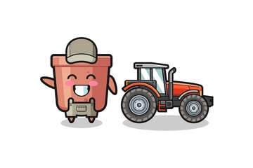 the flowerpot farmer mascot standing beside a tractor