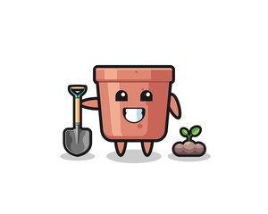 cute flowerpot cartoon is planting a tree seed