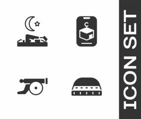 Set Muslim hat for prayer, man prays, Ramadan cannon and Star and crescent icon. Vector