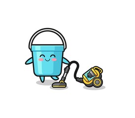 cute plastic bucket holding vacuum cleaner illustration.