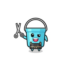 plastic bucket character as barbershop mascot.