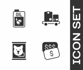 Set New price tag dollar, Bottle of olive oil, Canned food and Hand truck and boxes icon. Vector