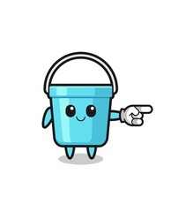 plastic bucket mascot with pointing right gesture.