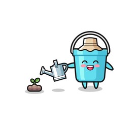 cute plastic bucket is watering plant seeds.