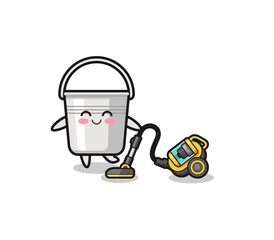 cute metal bucket holding vacuum cleaner illustration