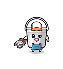 the woodworker metal bucket mascot holding a circular saw
