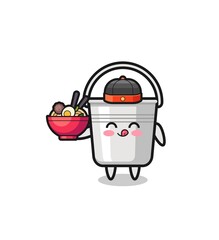 metal bucket as Chinese chef mascot holding a noodle bowl