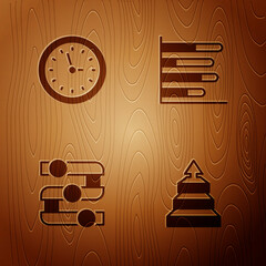 Set Pyramid chart infographics, Clock, Graph, chart, diagram and Pie on wooden background. Vector