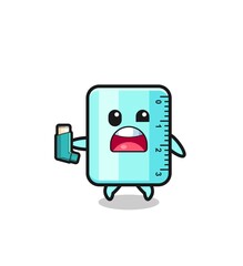 ruler mascot having asthma while holding the inhaler