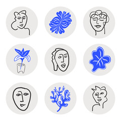 A collection of round social media highlight icons. Minimalist contemporary design of female faces representing beauty, style, and fashion. Created from hand drawn design inspired by Matisse.