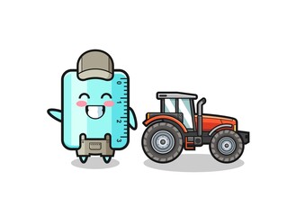 the ruler farmer mascot standing beside a tractor