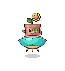 sunflower pot cartoon riding a future spaceship