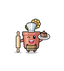 sunflower pot as pastry chef mascot hold rolling pin