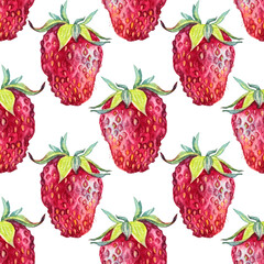 Seamless pattern watercolor strawberry with green leaves isolated on white background. Hand-drawn sweet summer berry food for kitchen. Cute red fruit dessert for menu cafe. Art for cookbook