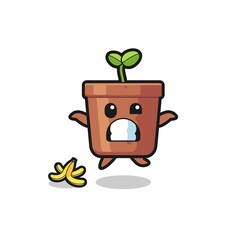 plant pot cartoon is slip on a banana peel