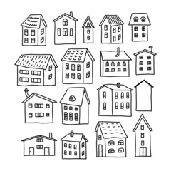 Set of houses hand-drawn in the style of doodles. Black outlines of single-storey houses on a white background. Vector illustration.