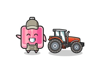 the perfume farmer mascot standing beside a tractor