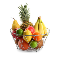 Metal basket with different ripe fruits on white background
