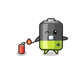 battery mascot illustration playing firecracker