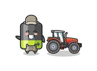 the battery farmer mascot standing beside a tractor