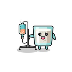 cute milk character standing with infusion pole