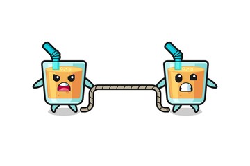 cute orange juice character is playing tug of war game