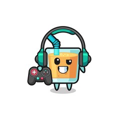 orange juice gamer mascot holding a game controller