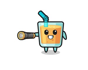 orange juice mascot holding flashlight