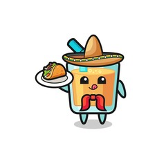 orange juice Mexican chef mascot holding a taco