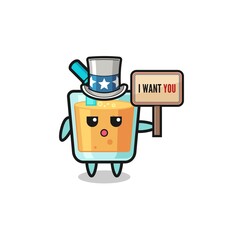 orange juice cartoon as uncle Sam holding the banner I want you