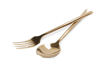 New shiny golden fork and spoon on white background