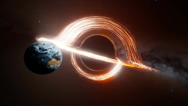 A black hole in the middle of outer space absorbs planet Earth and the moon.