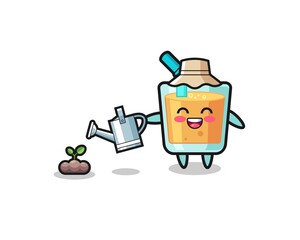 cute orange juice is watering plant seeds