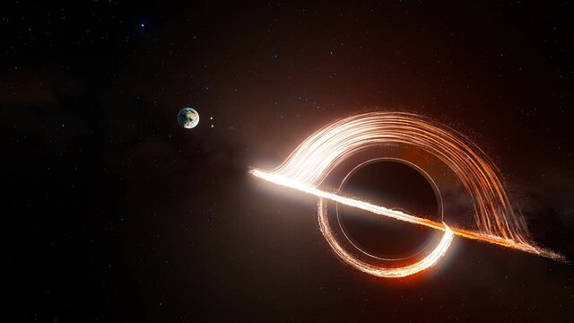 An animation with planet Earth and black hole in the middle of outer space.