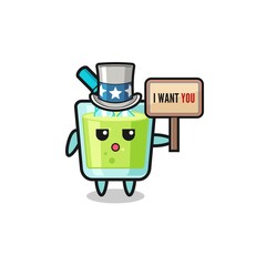 melon juice cartoon as uncle Sam holding the banner I want you