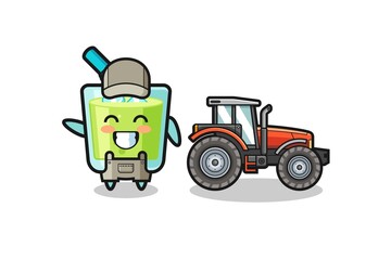 the melon juice farmer mascot standing beside a tractor