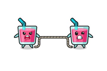 cute strawberry juice character is playing tug of war game