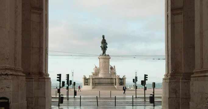 View Of King Jose I Statue From The Rua Augusta Arch At The Praca do Comercio In Lisbon, Portugal. wide