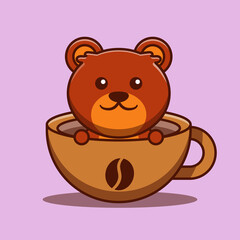 Cute bear cartoon character in a cup of coffee. Animal vector illustration. Suitable for stickers, logos, icons, and more.
