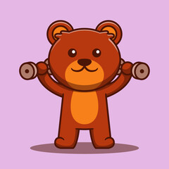 Cute bear cartoon character exercising weight lifting barbell. Animal vector illustration. Suitable for stickers, logos, icons, and more.