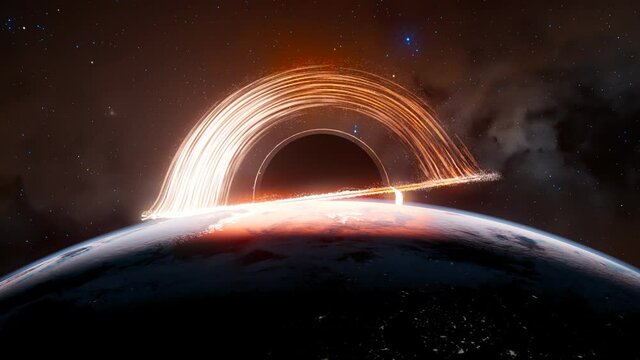 An animation with planet Earth and black hole in the middle of outer space.
