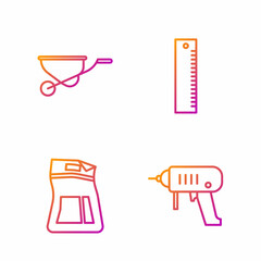 Set line Electric drill machine, Cement bag, Wheelbarrow and Ruler. Gradient color icons. Vector