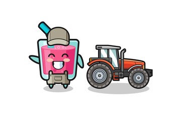 the strawberry juice farmer mascot standing beside a tractor