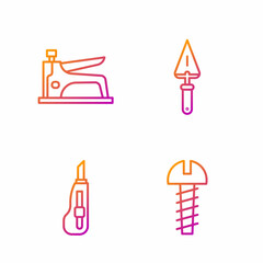 Set line Metallic screw, Stationery knife, Construction stapler and Trowel. Gradient color icons. Vector