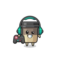 coffee cup gamer mascot holding a game controller