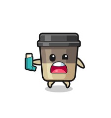 coffee cup mascot having asthma while holding the inhaler